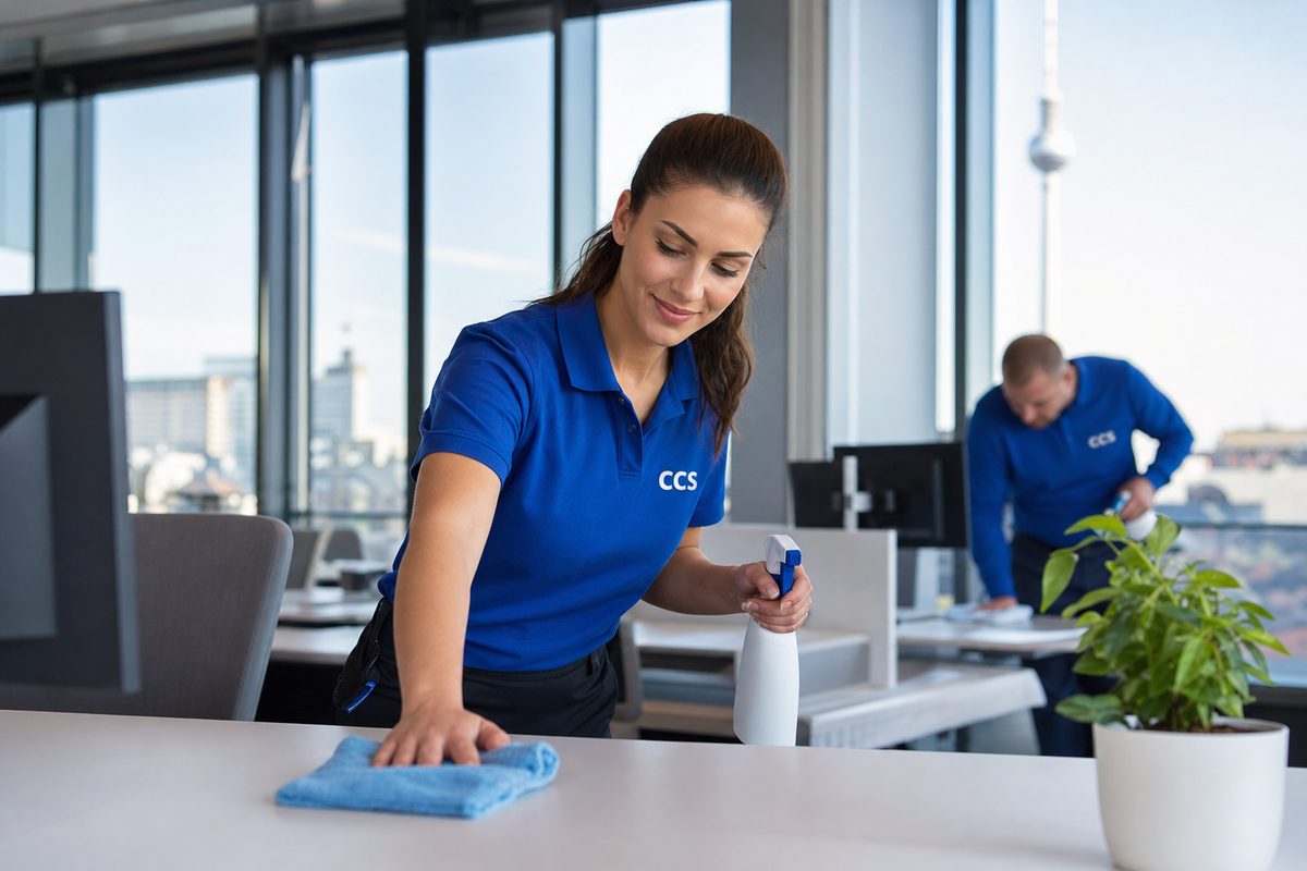 Büroreinigung in Berlin: Reinigungskraft von Casa Clean Solution reinigt einen Schreibtisch mit Blick auf den Fernsehturm